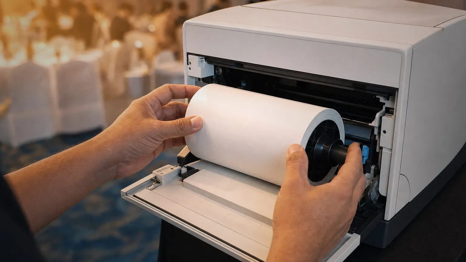 Hands loading a paper roll and ribbon into a dye sublimation photo printer