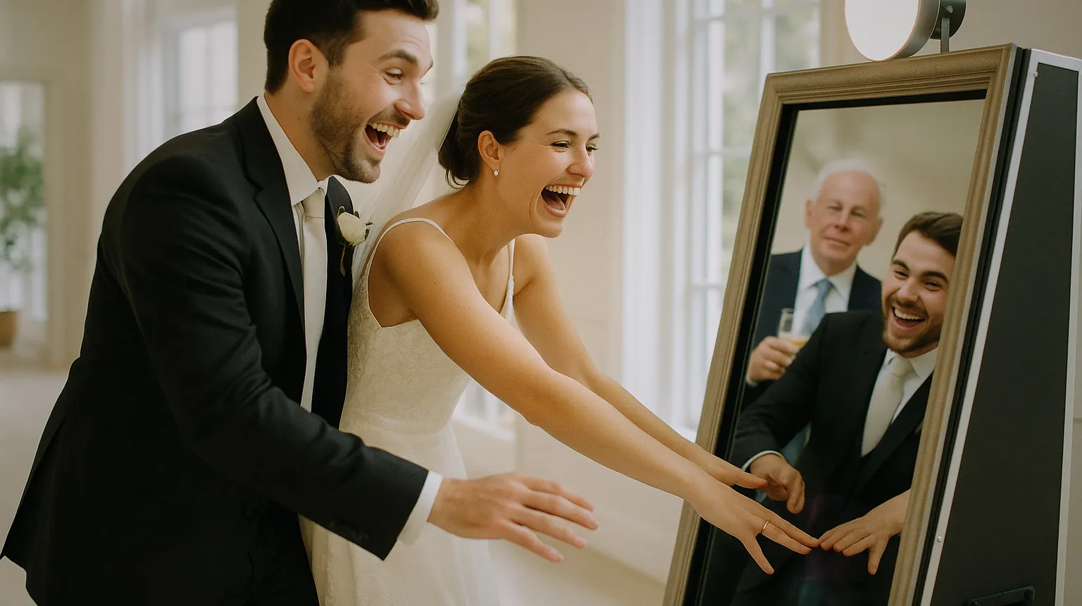 A couple laughing in front of a magic mirror photo booth at their wedding reception