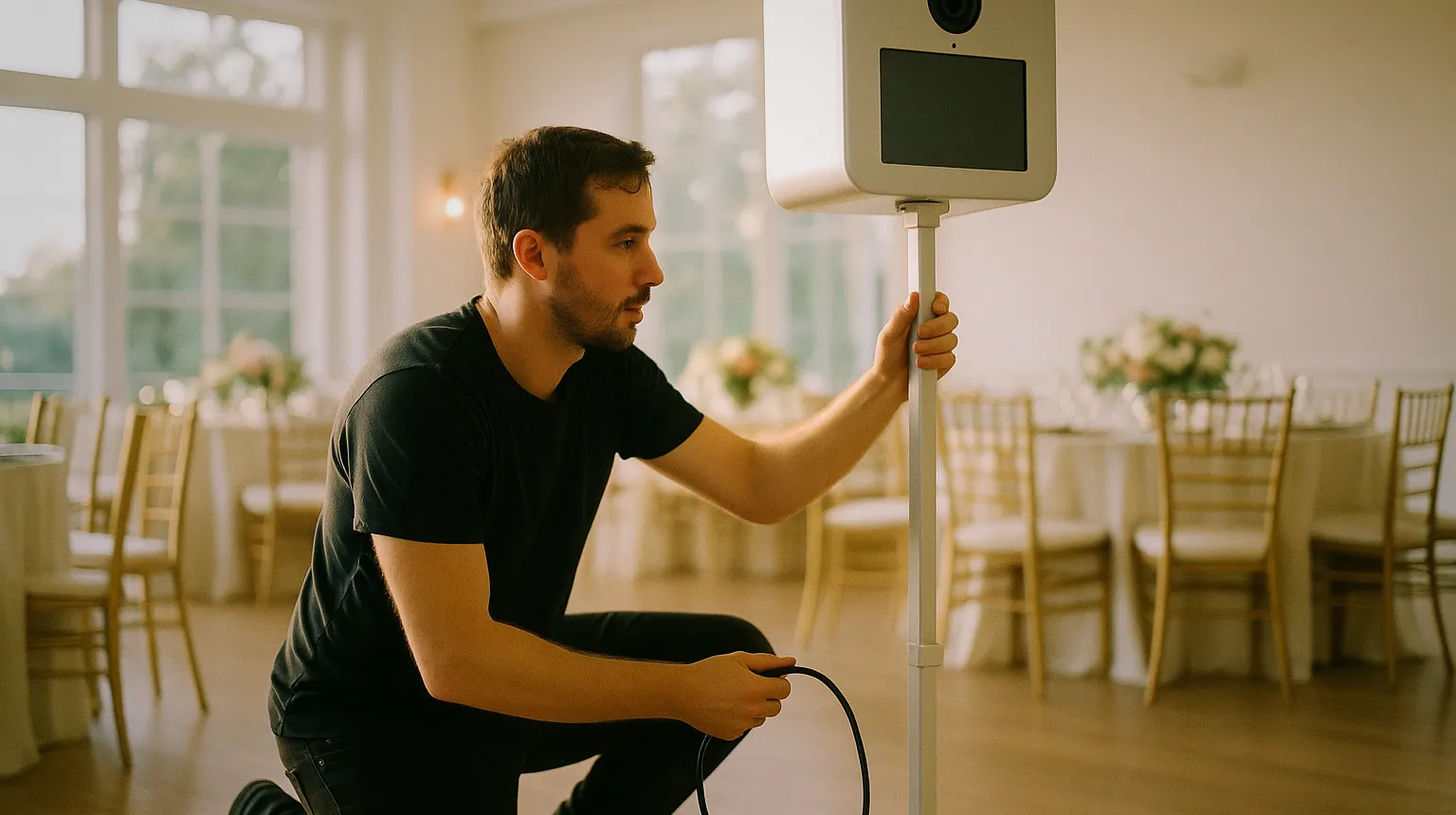 A photo booth operator adjusting the light before guests arrive
