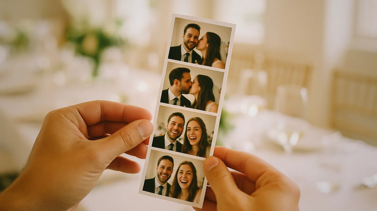 Two hands holding a freshly printed photo booth strip with an event template