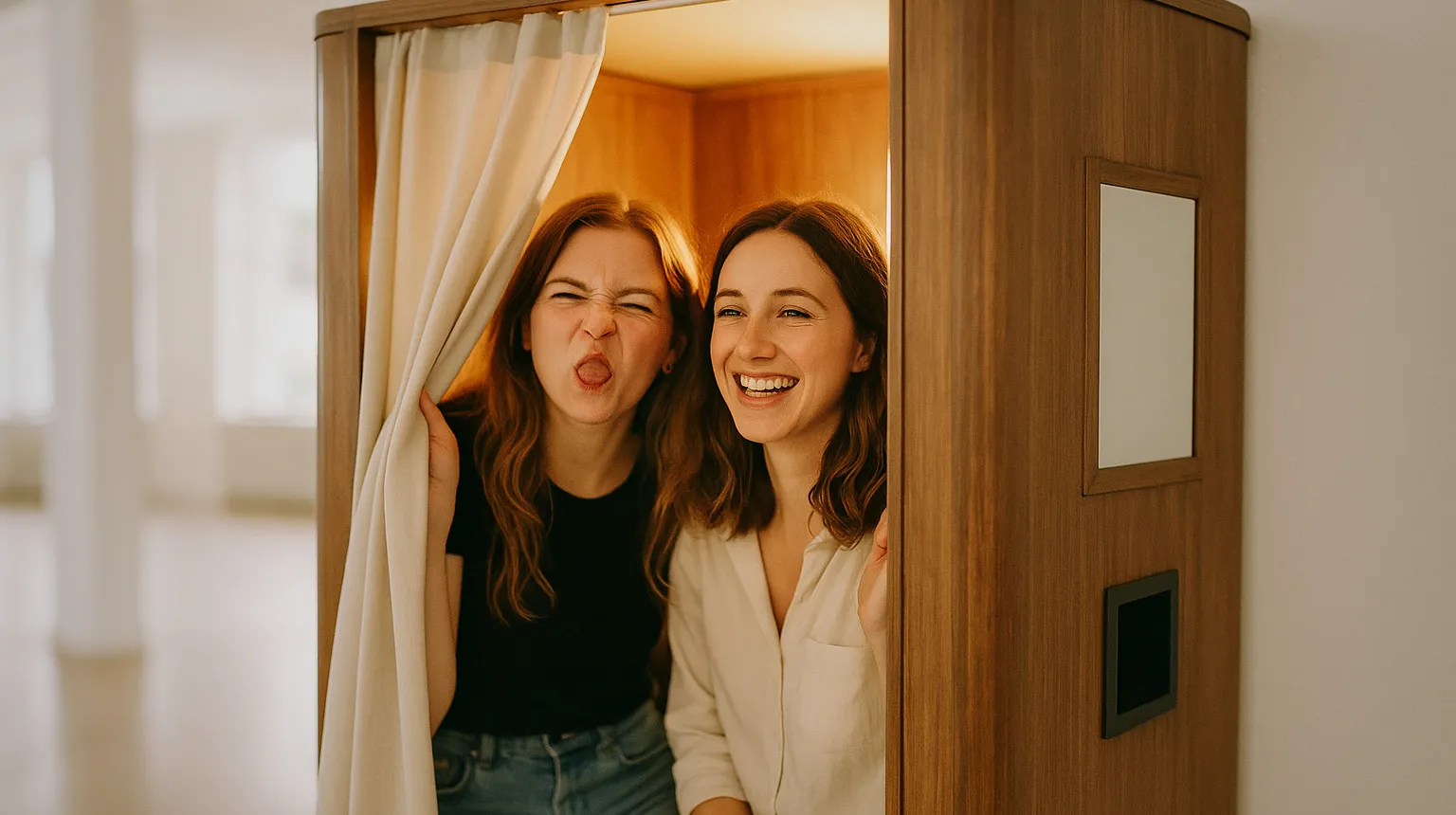 Two friends squeezed inside a vintage photo booth cabin, laughing
